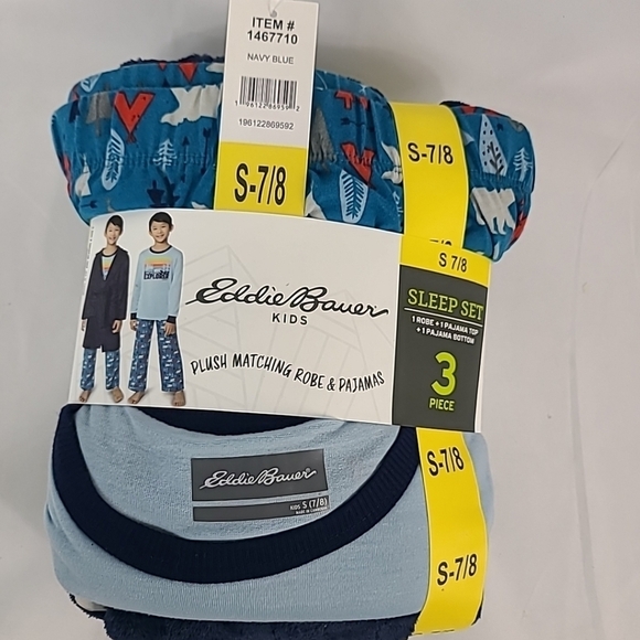 KIDS BOYS SMALL 7/8 EDDIE BAUER 3 PIECE PLUSH PAJAMAS & ROBE SLEEP SET NAVY BLUE - Picture 2 of 4